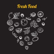 Heart shape with organic vegetables and freash food icons N2