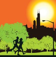 Interracial Joggers in Chicago City Park Background