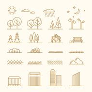 Linear landscape elements vector icons set Line trees flowers bushes