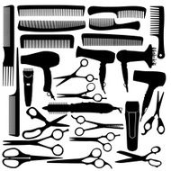 Barber hairdressing salon equipment - hairdryer scissors and comb