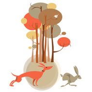 Autumn landscape Dog chases a rabbit