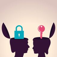 Thinking concept - human head with lock and key symbol