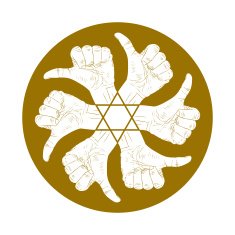 Six thumb up hand signs in round abstract symbol