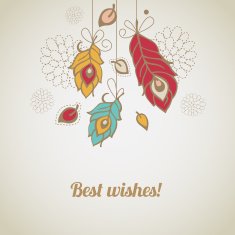 Retro greeting card with colorful feathers