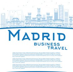Outline Madrid Skyline with blue buildings and copy space