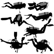 Set black silhouette scuba divers Vector illustration