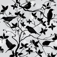Birds silhouette on branch and leaf seamless background