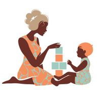 Beautiful silhouette of mother and baby playing with toys N3