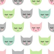 Seamless pattern with smiling sleeping cats Child drawing style kitty
