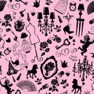Seamless pattern with glamour accessories furniture girl portrait N2