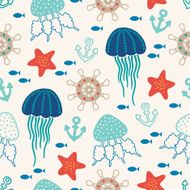 Seamless pattern with sea animals anchors and helms N2