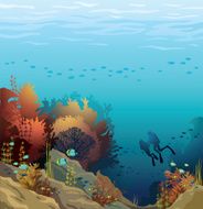 Coral reef and silhouette of divers