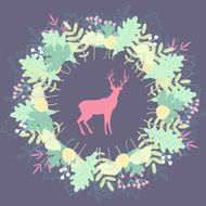 Deer silhouette in floral wreath Colorful vector illustration