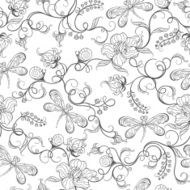 Seamless pattern with flowers and dragonflies