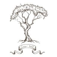 old tree with ribbon banner hand drawn