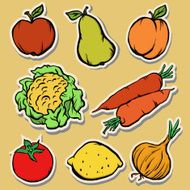 Vintage set icons vegetables and fruits