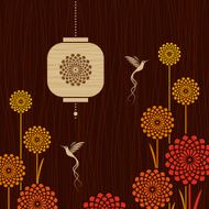 Card with birds flowers and lantern