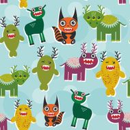 Funny monsters Set seamless pattern on blue background Vector