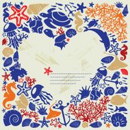 Background heart is surrounded of fishes dolphins shells corals meduses