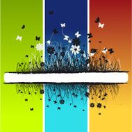 Grass silhouette summer background flowers and butterflies