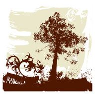Silhouette of tree on grunge background and calligraphy flowers ornament N2