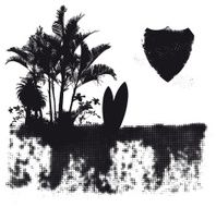 surf halftone scene with palms table and hibiscus