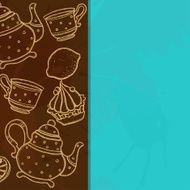Background with teacup teapot lemons and cakes