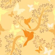 Light vanilla colors seamless pattern with hummingbirds butterflies and trees