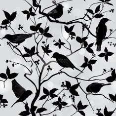 Birds silhouette on branch and leaf seamless background