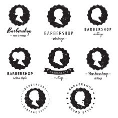 Women profiles silhouettes barbershop (hair salon) logo-badges vintage vector set