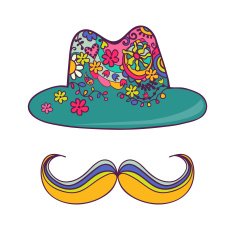 Colorful hat and mustache isolated on white Drawing by hand N2