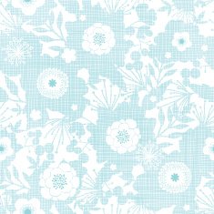 Blue fabric texture garden silhouettes seamless pattern background
