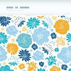Blue and yellow flower silhouettes torn horizontal seamless pattern background