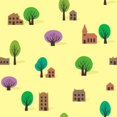 Seamless pattern of trees and buildings in summer