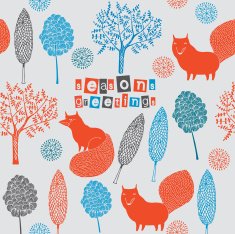 Christmas greeting card with wild foxes in a snowy forest