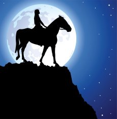 Silhouette of girl on horse against the moon