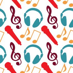 Seamless pattern with music notes treble clef microphone headphones