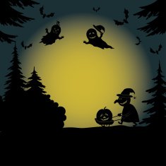Halloween landscape with ghosts and witch