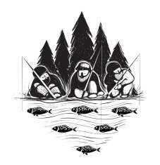 Three Fisherman Sitting on River Bank with Rods