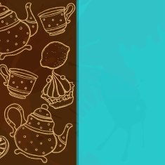 Background with teacup teapot lemons and cakes