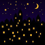 Cute medieval town at starry night black silhouette vector illustration