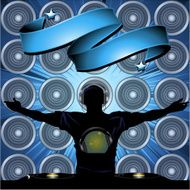 DJ and banner on wall speakers background