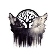 Watercolor art background with wolves