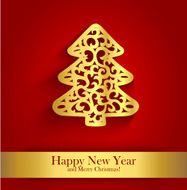 New Year greeting card with gold silhouette of Christmas tree