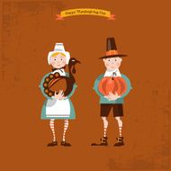 Thanksgiving holiday banner with pilgrims couple