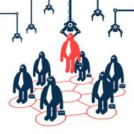 Robotic arm picking up selected man from group of businessmen N2