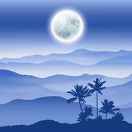 Background with fullmoon palm tree and mountains in the fog