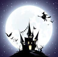 Haunted castle with flying witch