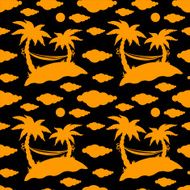Seamless pattern with coconut palm trees hammock sun clouds