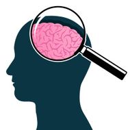 Male head silhouette with magnifying glass and brain